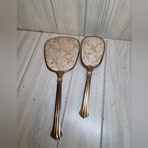 Vintage Other - Vtg Handheld Victorian Vanity Dresser Mirror And Brush Set USA Made Gold Lace